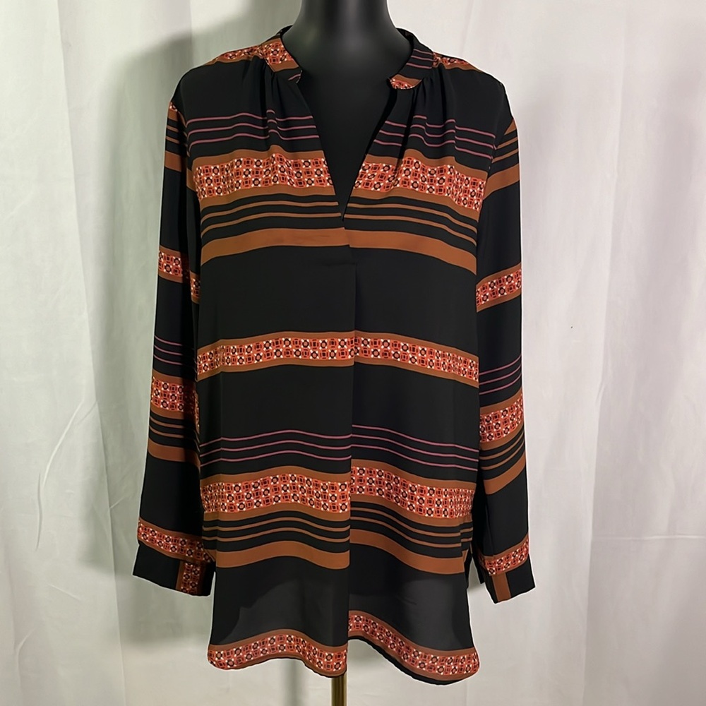 LOFT Black Brown & Burnt Orange Printed Long Sleeve V-Neck Blouse